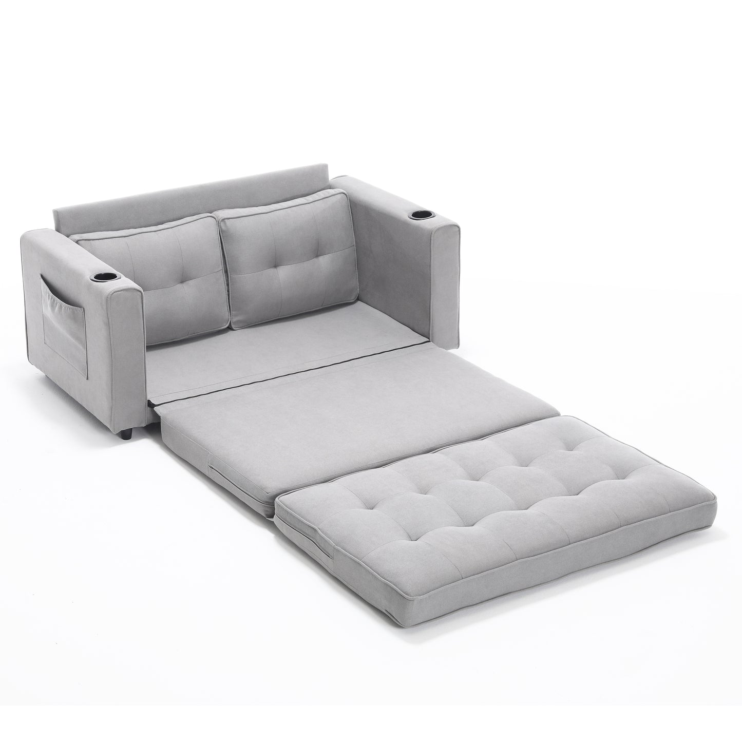 3-in-1 Upholstered Futon Sofa Convertible Sofa bed,Foldable Tufted Loveseat with Pull Out Sleeper Couch Bed,Folding Mattres Love Seat Daybed W/Side Pockets and Cup Holder, Light Gray