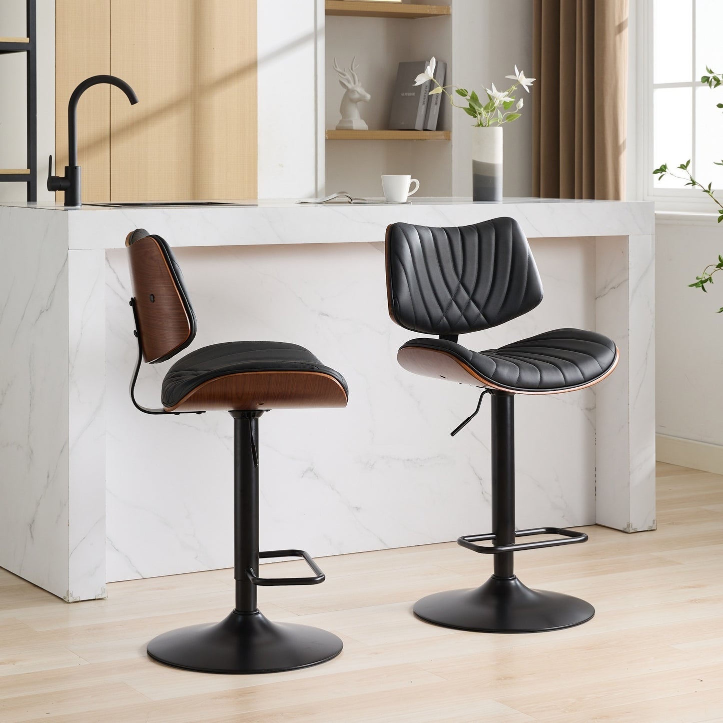 Walnut Bentwood Bar Stools Mid Century Modern Adjustable Counter Height Black Leather Upholstered 360°Swivel Bar Chairs for Kitchen Island/Dining Room/Cafe, 1 chair/1carton,Black