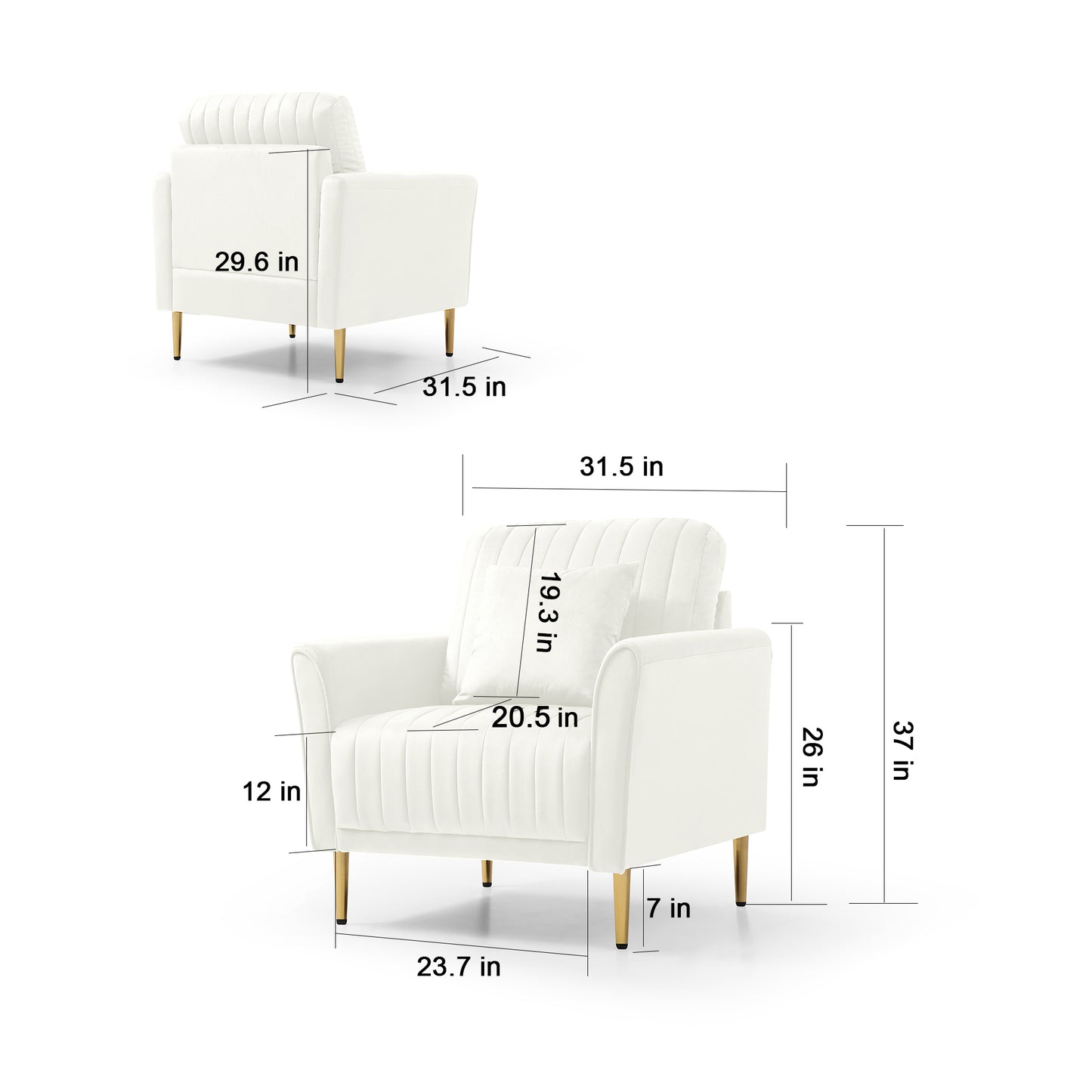 Living Room Sofa Set of 3, Loveseat Sofa Couch and Comfy Accent Arm Chair w/Pillows, Metal Legs, Upholstered Modern Furniture for Bedroom, Office, Small Space, Apartment Cream White