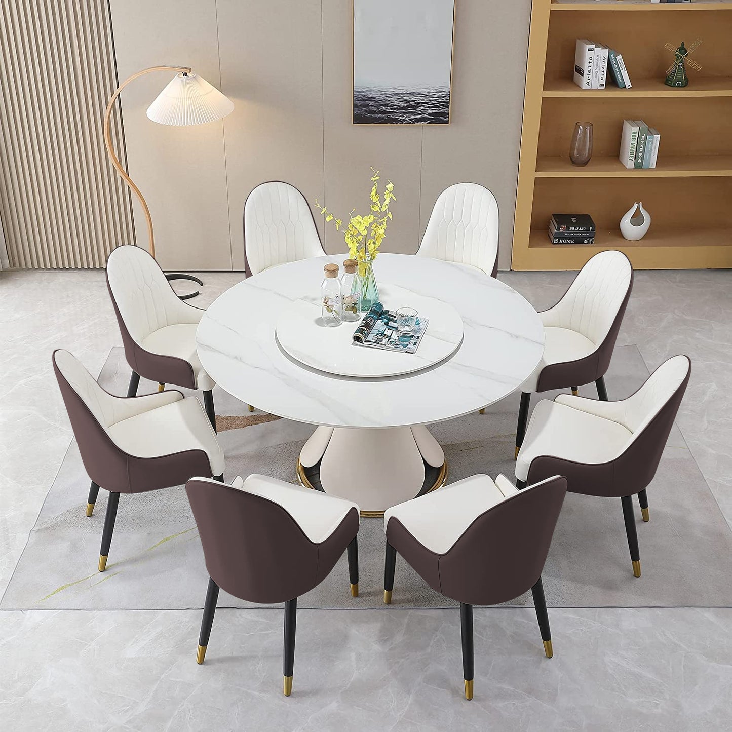 59.05"Modern Sintered stone dining table with 31.5" round turntable with wood and metal exquisite pedestal with 8pcs Chairs