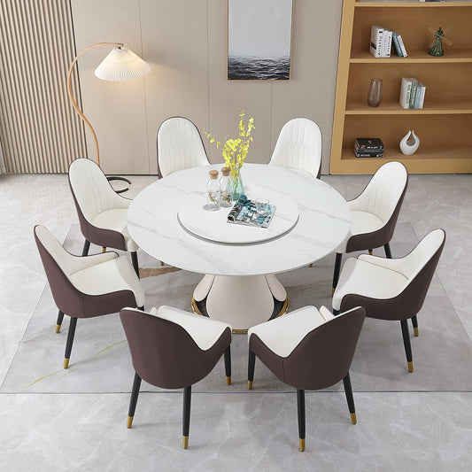 59.05"Modern Sintered stone dining table with 31.5" round turntable with wood and metal exquisite pedestal with 8pcs Chairs