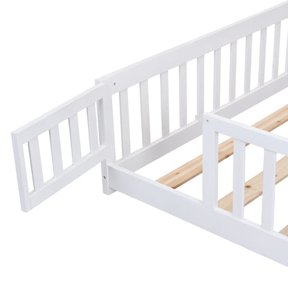 Queen Size Floor Bed with Door,Solid Wood Platform Bed Frame with Fence,Suitable for children,Pine Wood,White