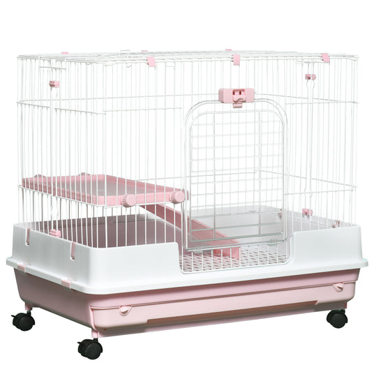 PawHut 2-Level Small Animal Cage Rabbit Hutch with Wheels, Removable Tray, Platform and Ramp for Bunny, Chinchillas, Ferret, Pink