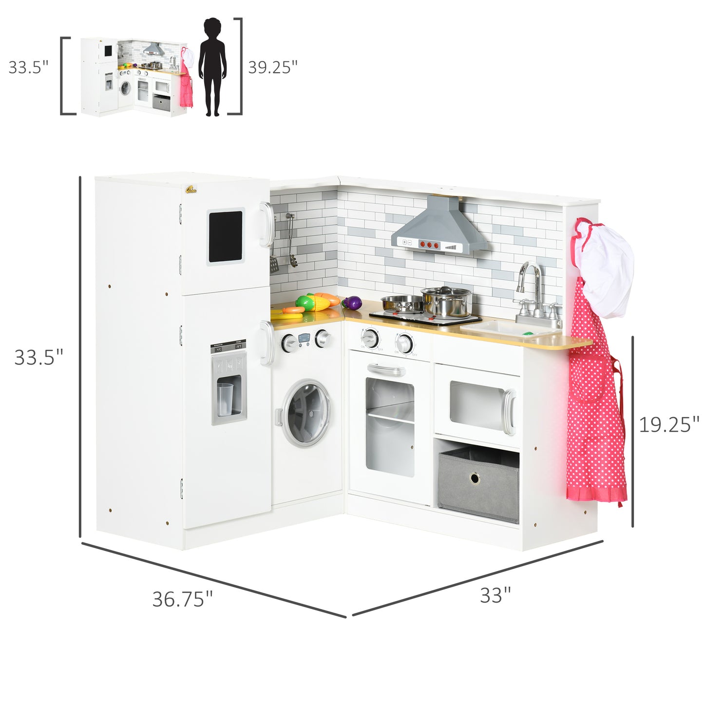 Qaba Corner Play Kitchen Set with Sound Effects and Tons of Countertop Space, Large Wooden Kitchen with Washing Machine, Food Toys, Ice Maker, Kids Kitchen, Ages 3-6, White