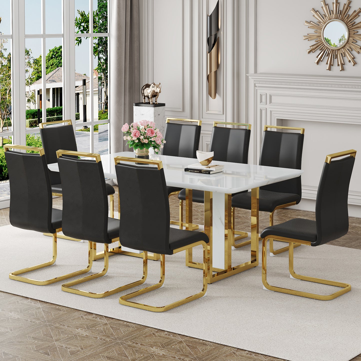 Table and chair set.67"x36" White marble pattern MDF Dining Table Set with 8 Black PU Chairs.MDF sticker,White marble pattern sticker,Gold C-tube chair legs,Suitable for kitchen,Dining room,etc.