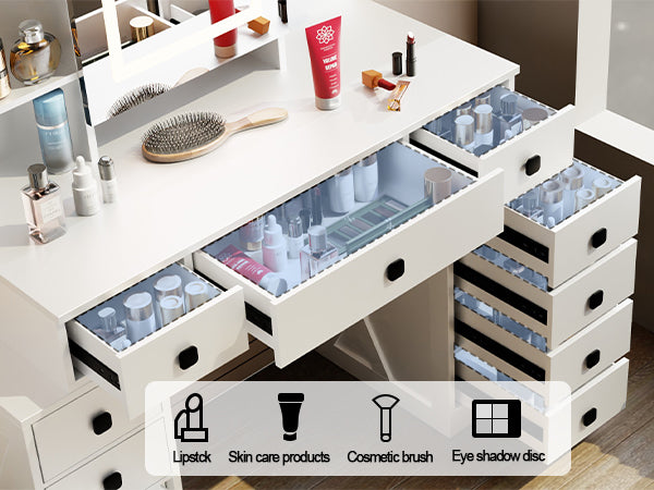 Farmhouse Vanity Desk with Sliding Mirror,Lights and Charging Station,Makeup Table Desk with Dimmable LED light,Vanity Makeup Table with Sponge Soft Stool,White+Brown Finish