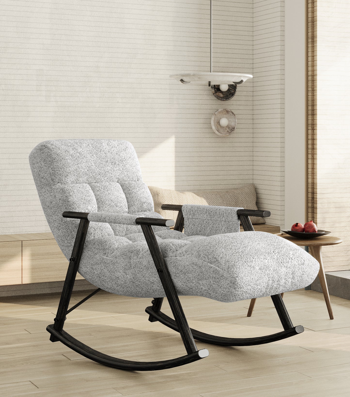 Casual folding rocking chair upholstered, lounge rocking chair adjustable high back and foot rest,side pockets placed in living room bedroom balcony