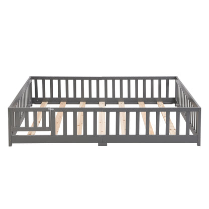 Queen Size Floor Bed with Door,Solid Wood Platform Bed Frame with Fence,Suitable for children,Pine Wood,Gray