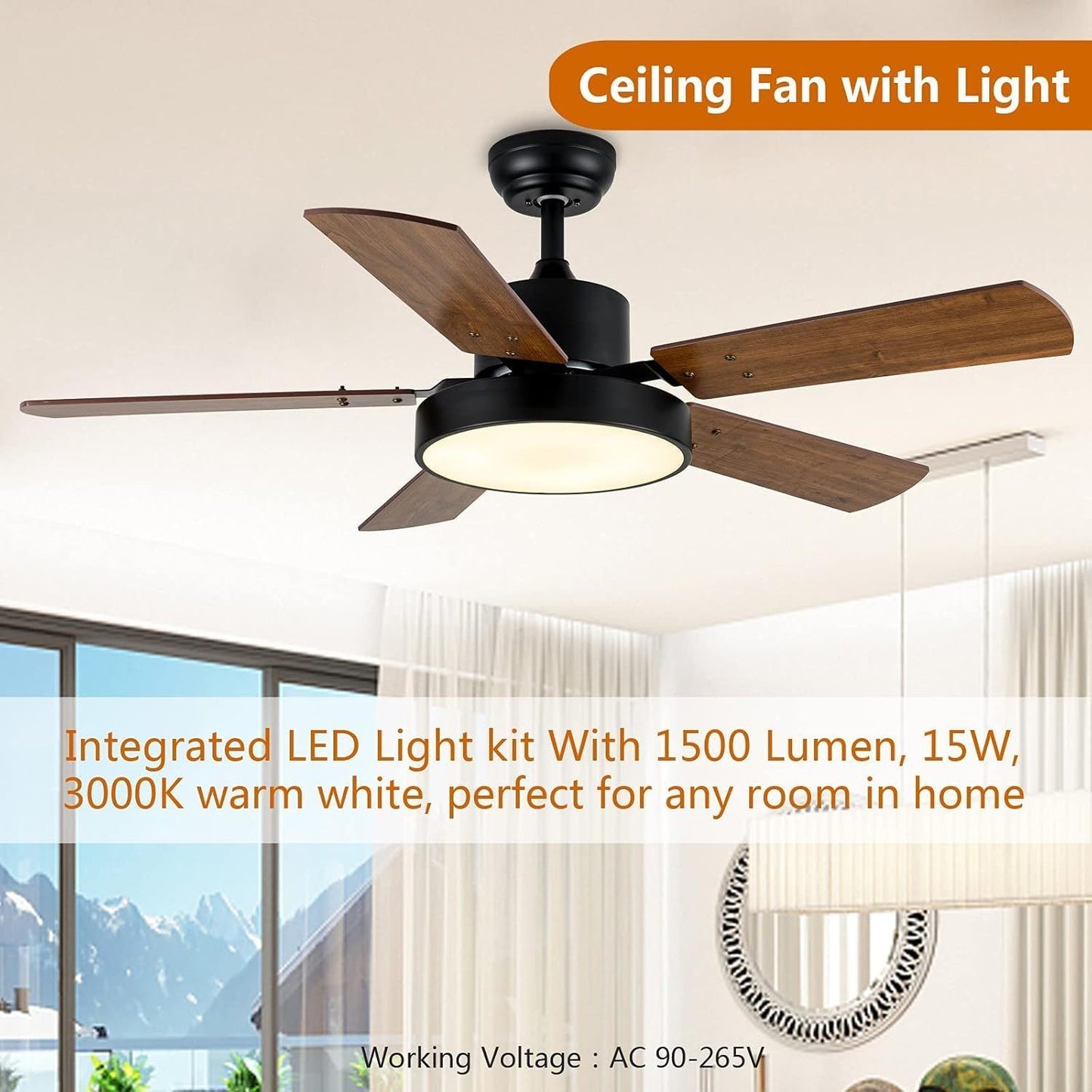 44-inch Ceiling Fan with LED Light and Remote Control, 6-Speed Modes, 2 Rotating Modes, Timer, Improved Blades