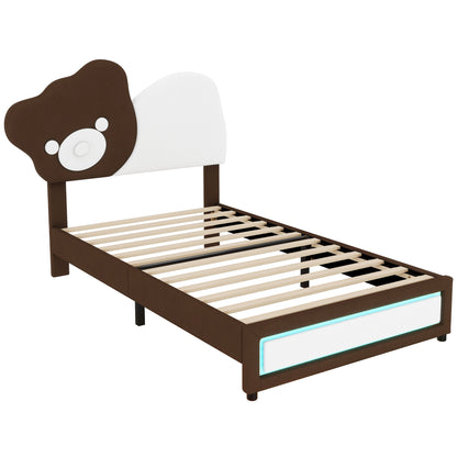 Twin Size Upholstered Platform Bed with Bear Shaped Headboard, LED Light Strips, White + Brown