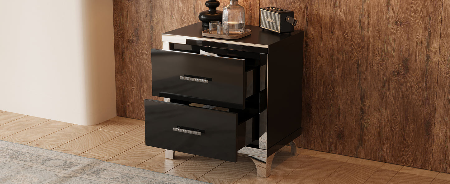Elegant High Gloss Nightstand with Metal Handle,Mirrored Bedside Table with 2 Drawers for Bedroom,Living Room,Black