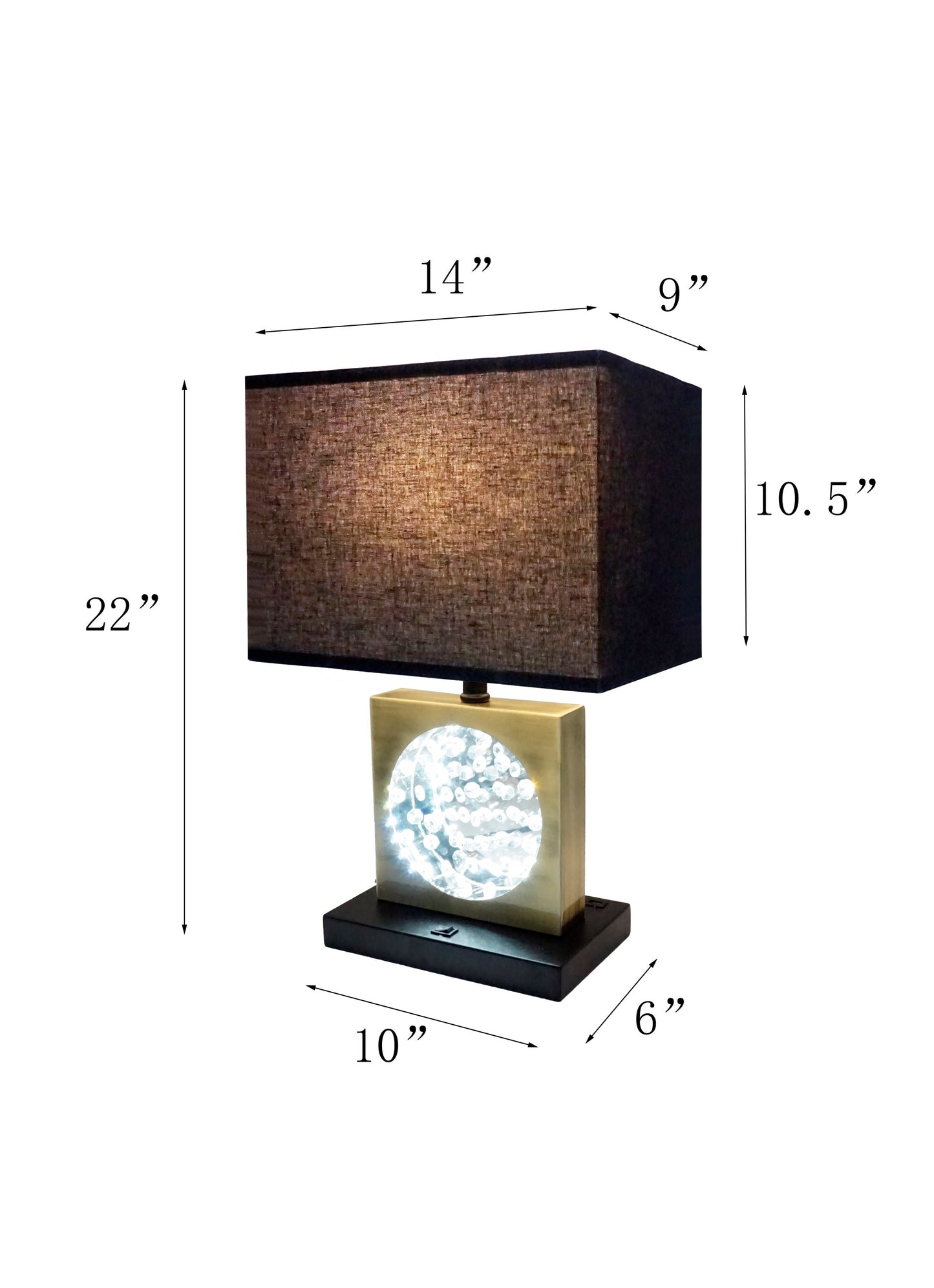 22"H GOLD SQUARE W/ BLACK SHADE CRYSTAL CENTERPIECE WITH NIGHT LIGHT, USB Port + Power  Outlet