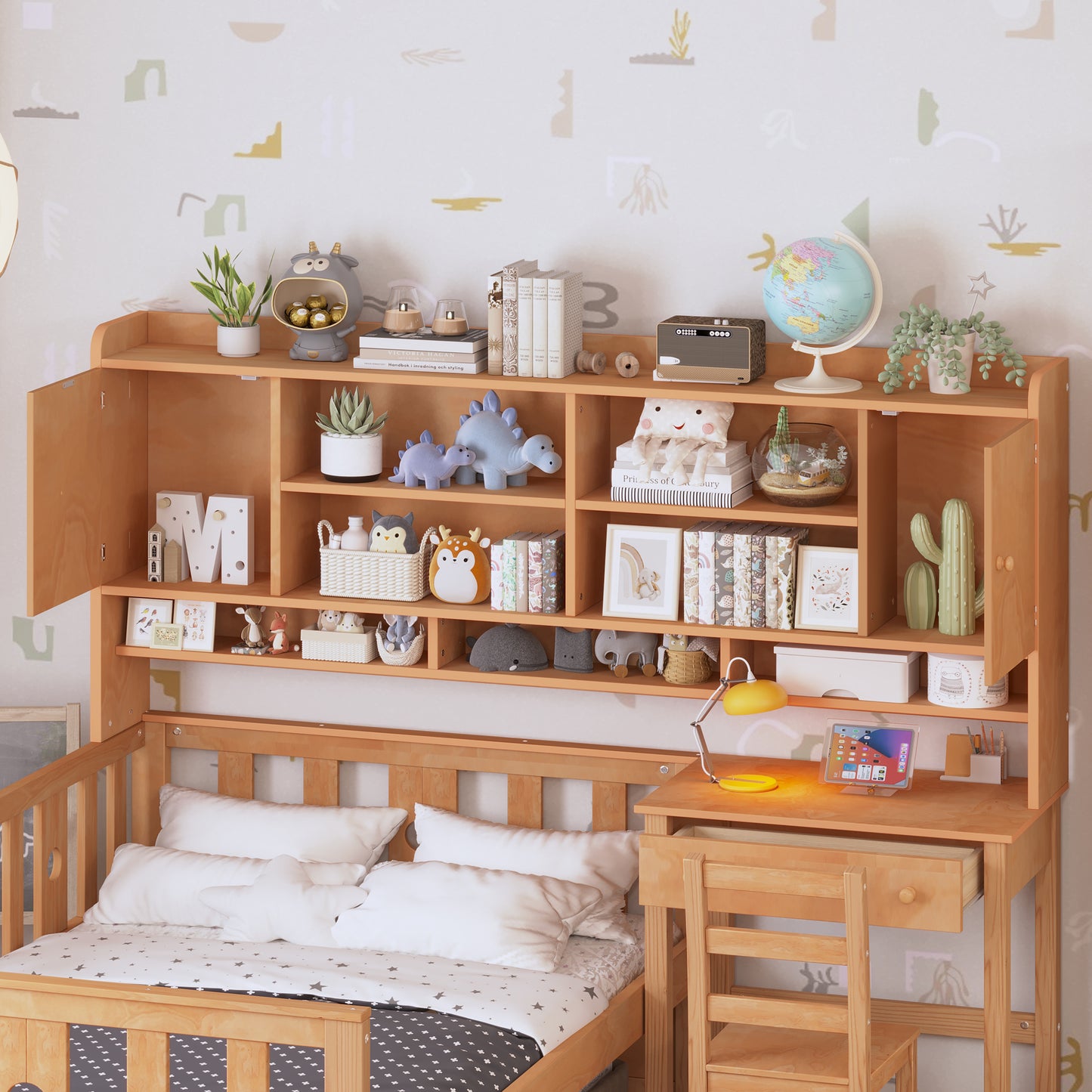 Twin Size Multifunctional Wood Platform Bed with Bookshelf at the Head of the Bed, Built-in Desk and Matching Chair, Natural