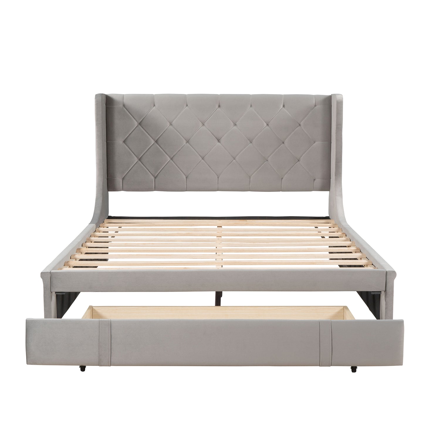 Queen Size Storage Bed Velvet Upholstered Platform Bed with Wingback Headboard and a Big Drawer (Gray)