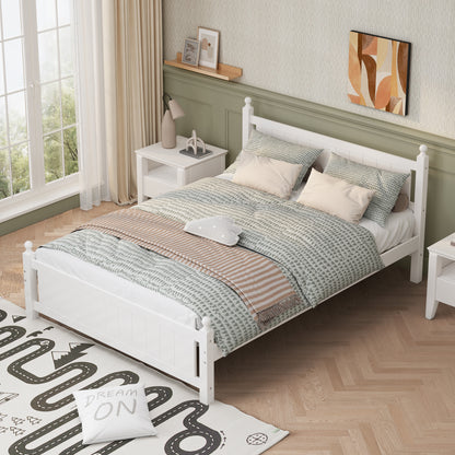 Queen Size Solid Wood Platform Bed Frame for Kids, Teens, Adults, No Need Box Spring, White