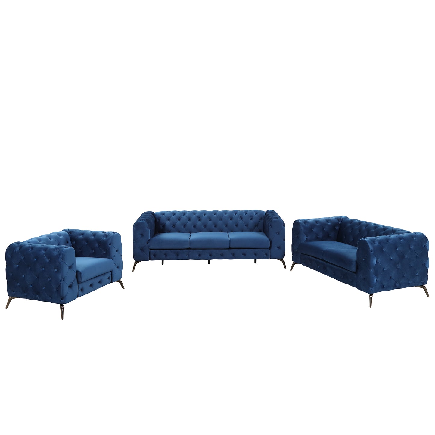 Modern 3-Piece Sofa Sets with Sturdy Metal Legs,Velvet Upholstered Couches Sets Including Three Seat Sofa, Loveseat and Single Chair for Living Room Furniture Set,Blue