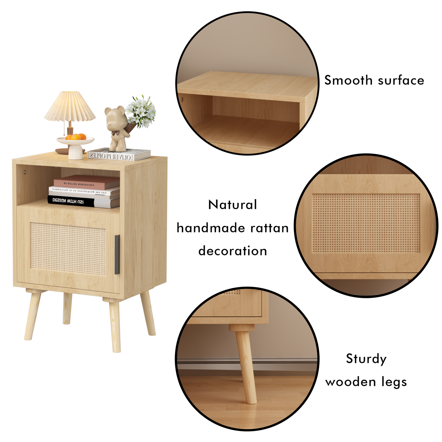 22.83'' H Rattan Nightstand, Side Table with Door Open Shelf,  Accent Bedside End Table with Solid Wood Legs for Bedroom, Dorm and Small Spaces, Oak