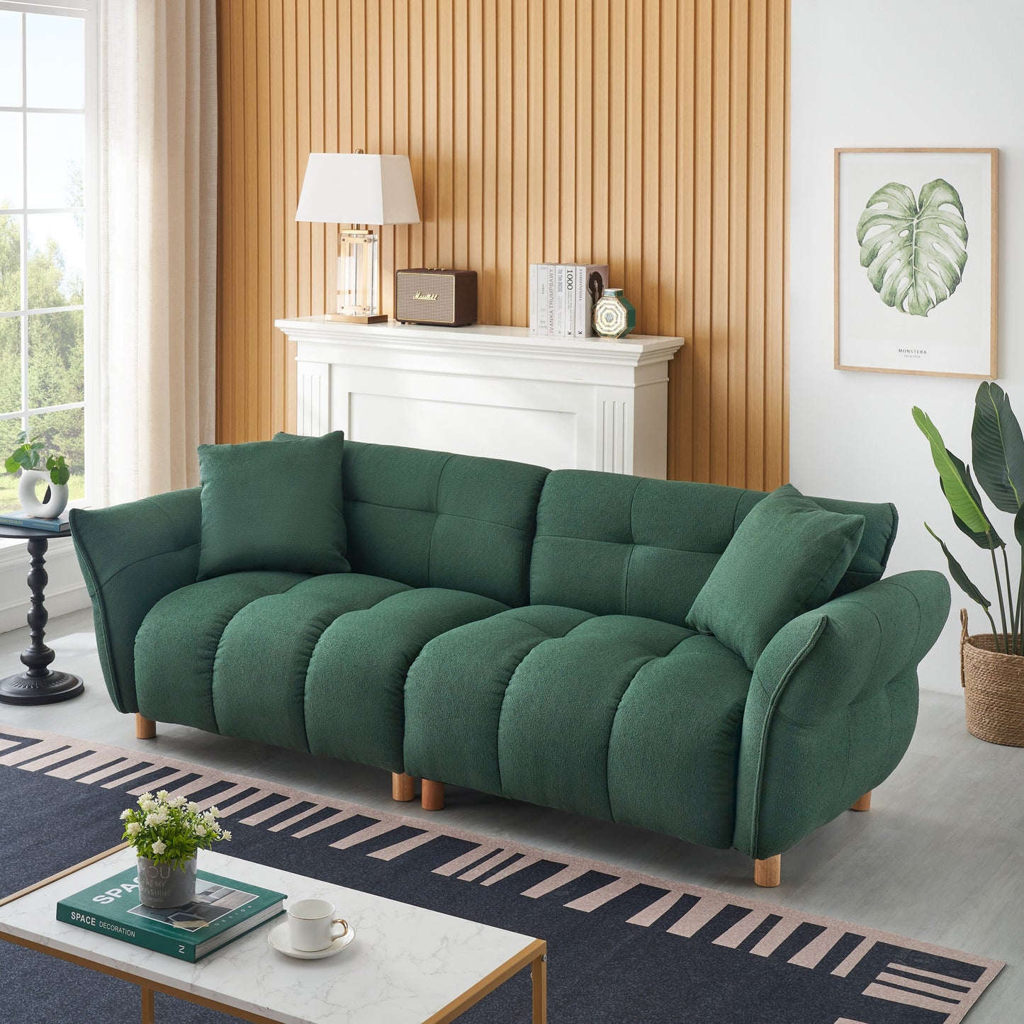 93.70 inches long, Teddy Sofa Fabric,with two matching pillows and three spacious and comfortable seats, for Apartment Office Living Room - Green