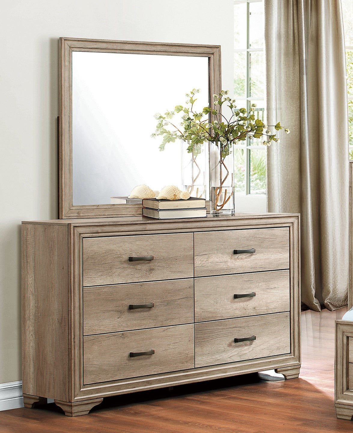 1pc Natural Finish 6-Drawers Dresser w Black Hardware Bedroom Furniture Rustic Contemporary Design