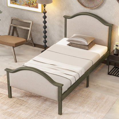 Twin Size Bed Frame with Headboard and Footboard, Upholstered Twin Platform Bed with Strong Wooden Slats Support,Grey