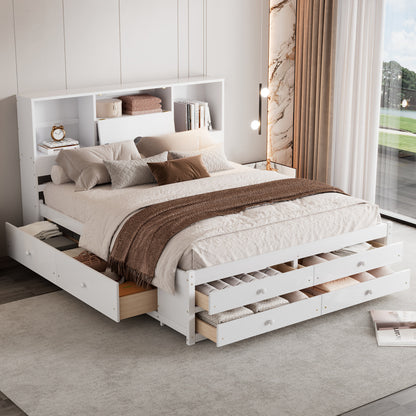 Queen Size Platform Bed with Storage Headboard and 8 Drawers, White