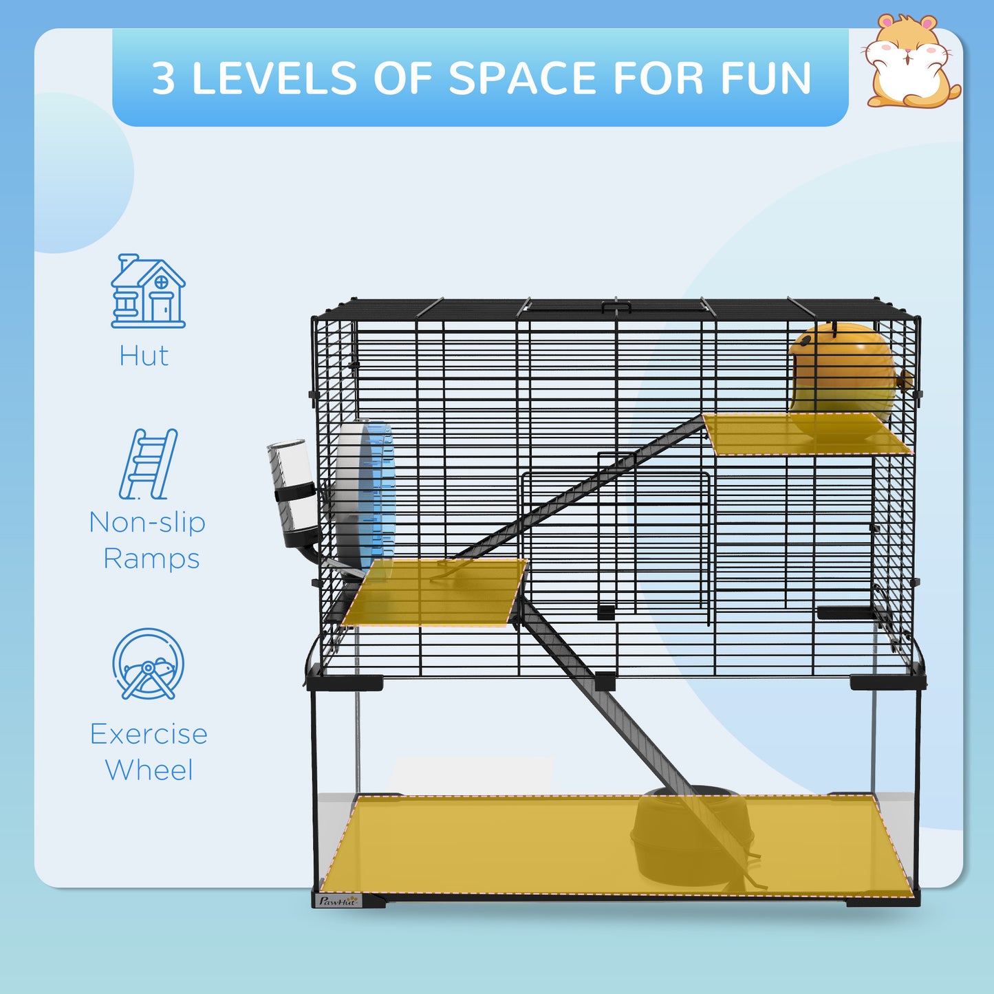 PawHut Hamster Cage, 23.5" Gerbil Cage with Glass Basin, Ramps, Platforms, Hut, Exercise Wheel, for Small Hamsters, Black