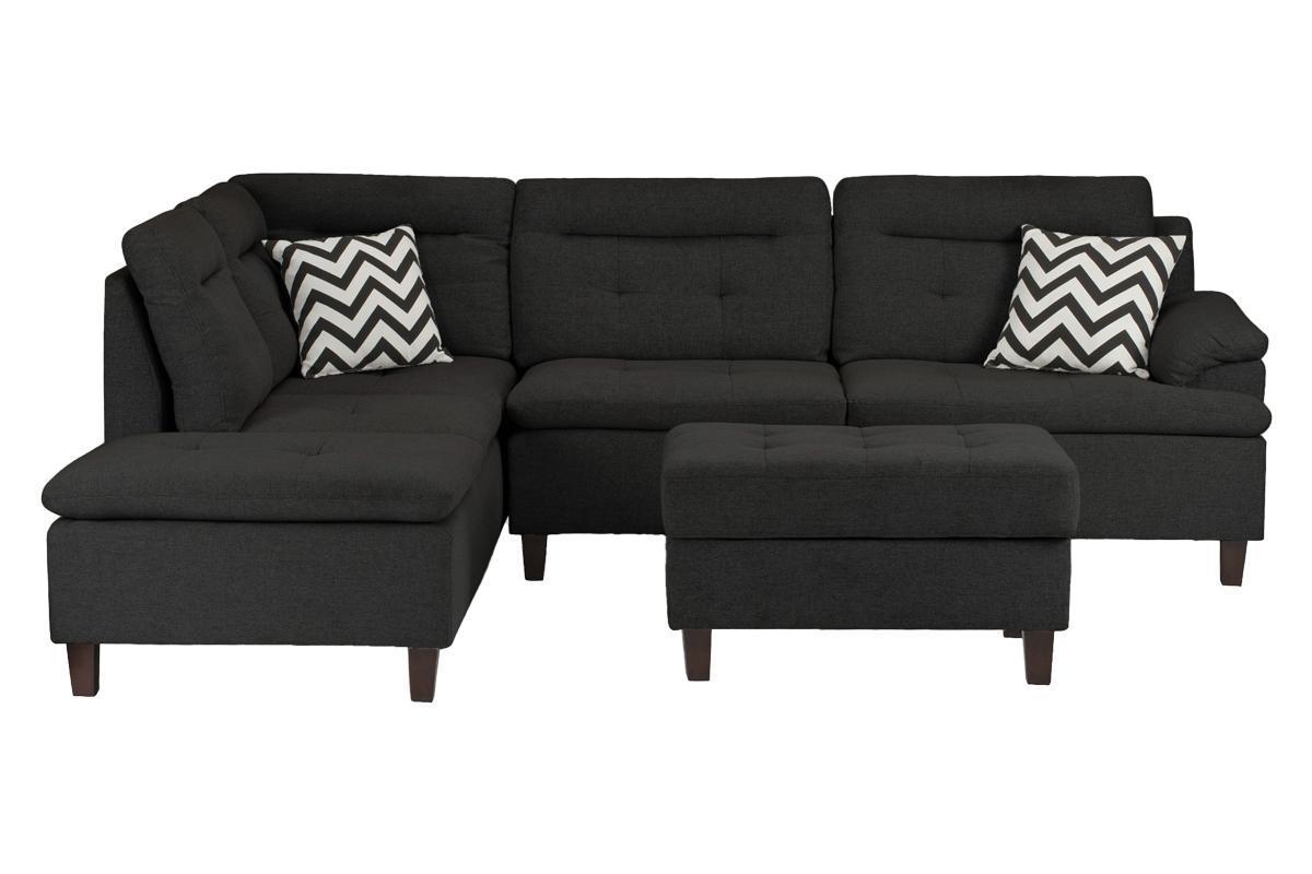 Living Room Furniture Black Cushion Sectional w Ottoman Linen Like Fabric Sofa Chaise