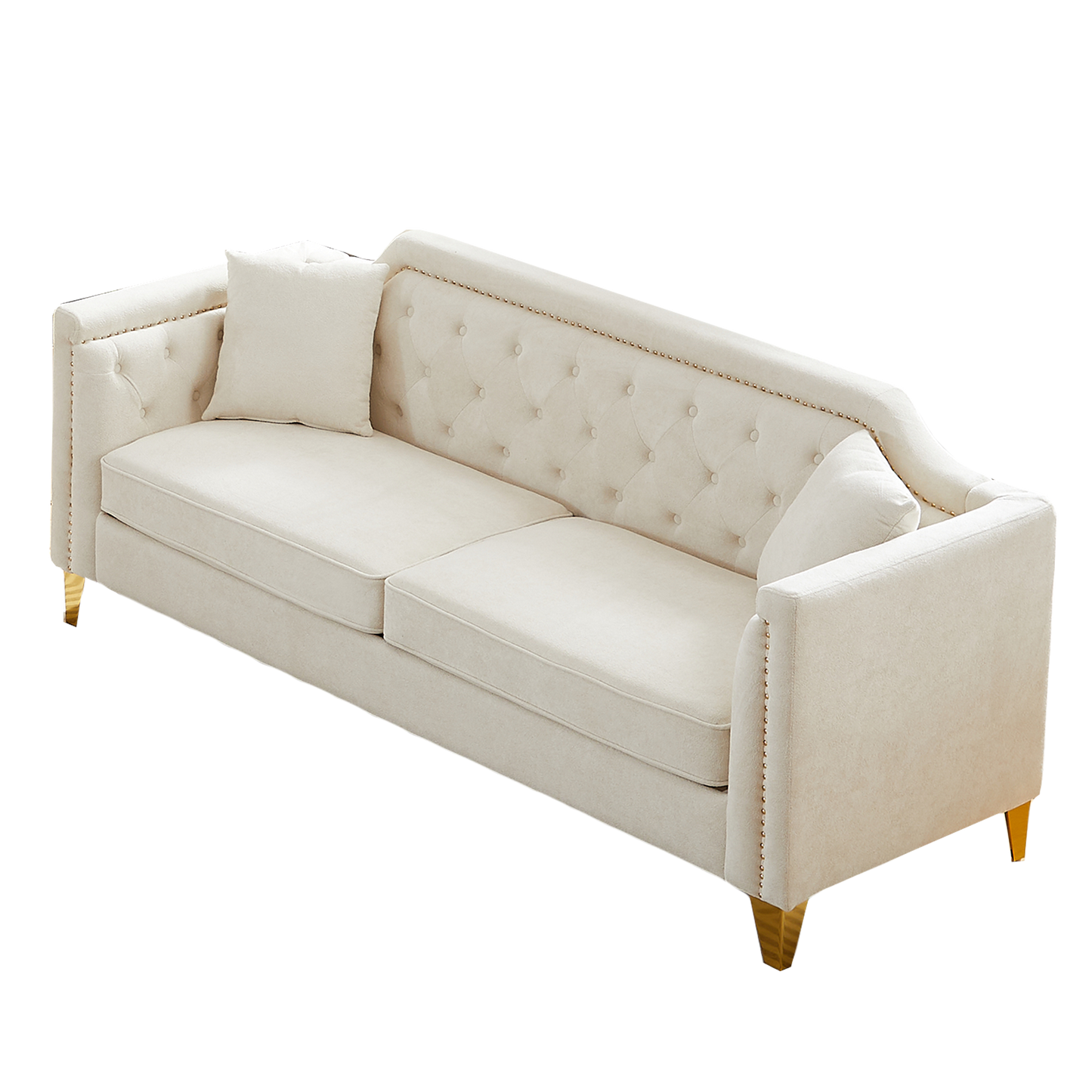 FX 81"Mid-century design modern sofa,Chenille Pull Buckle Design Sofa for Living Room,Buttons Tufted With Copper Nail Decoration Armrest, with 2 Pillows,Modern Couch Upholstered Button And Metal Leg