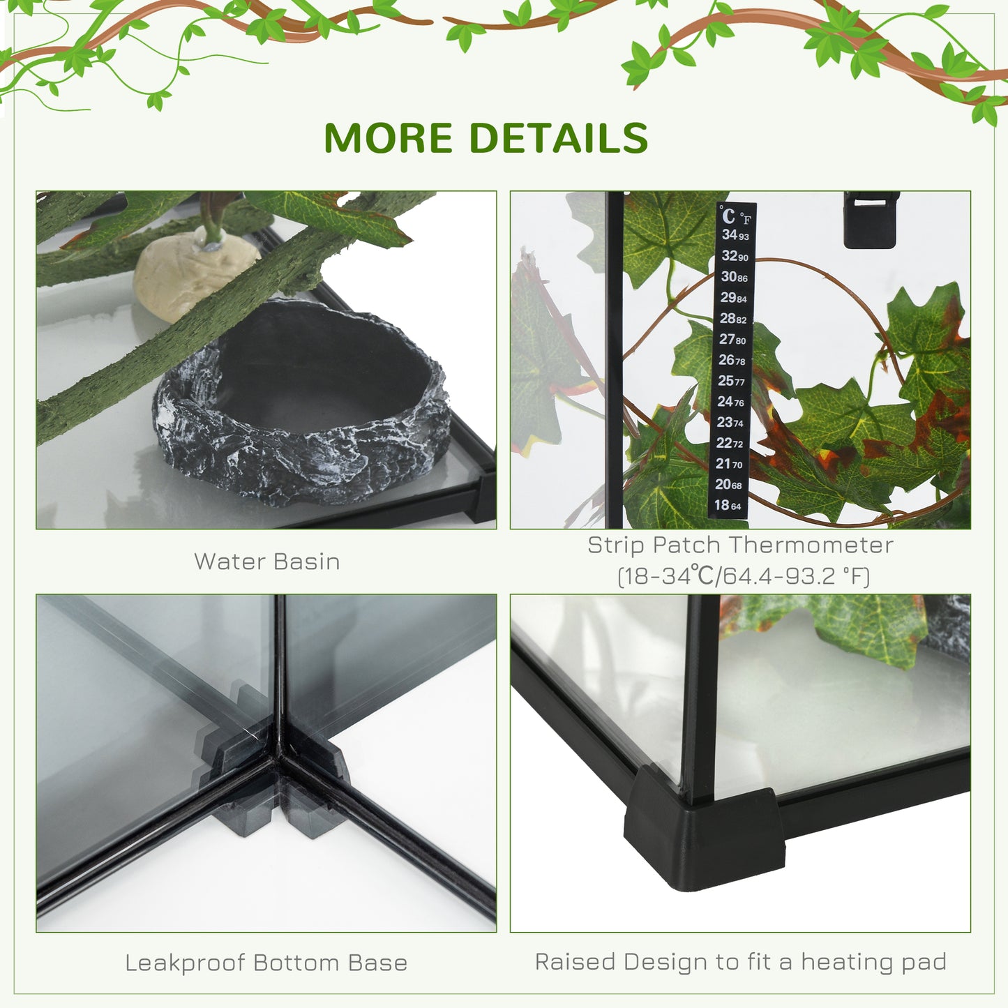 PawHut 14 Gallon Reptile Glass Terrarium Tank with Decor Kit, Breeding Box Full View with Visually Appealing Sliding Screen Top for Lizards, Frogs, Snakes, Spiders, 20" x 12" x 14", Black