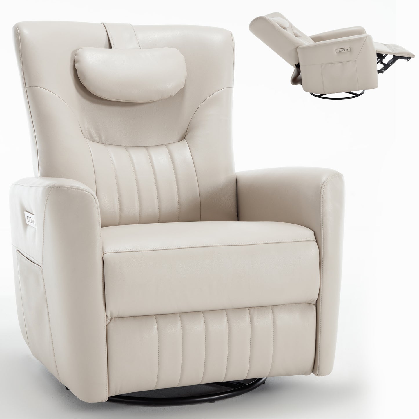 Beige Grey Leatheraire Swivel and Rocker Power Recliner Chair with Lumbar and Neck Support Pillow, Heavy Duty Motion Mechanism with USB and Type-C Ports