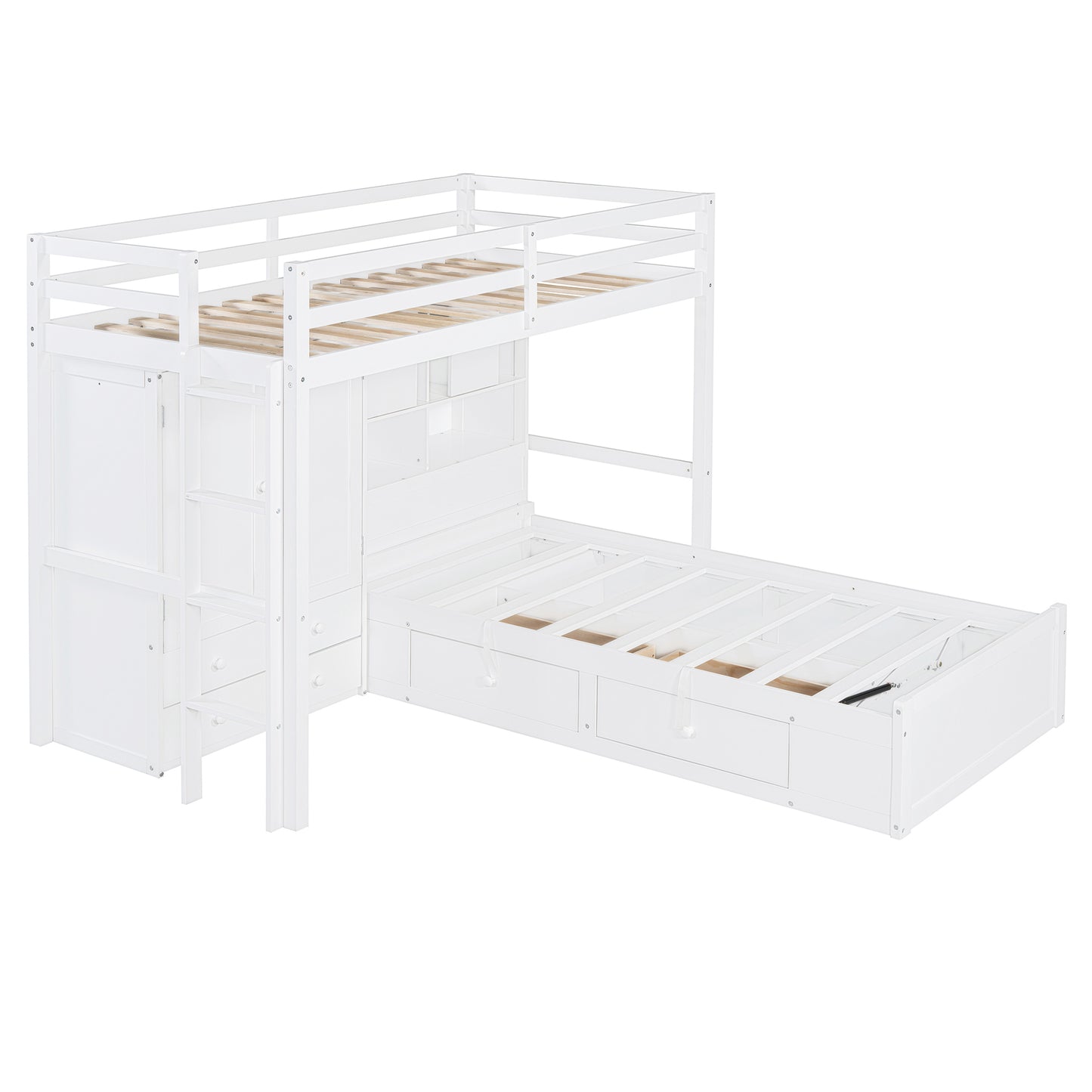 Twin Bunk Bed with Drawers, Wardrobe, Storage Shelves and Hydraulic Bed,White