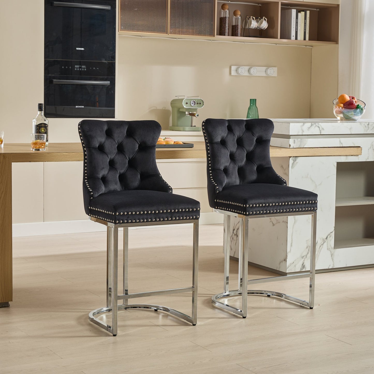 25" Counter Height Bar Stools Set of 2, Modern Velvet Barstools with Button Back&Rivet Trim Upholstered Kitchen Island Chairs with Sturdy Chromed Metal Base Legs Farmhouse Bar Stools, (Black,2 Pack)