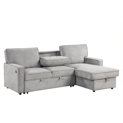 U_STYLE Upholstery Sleeper Sectional Sofa with Storage Space, USB port, 2 cup holders on Back Cushions(same sku; WY000335AAE)