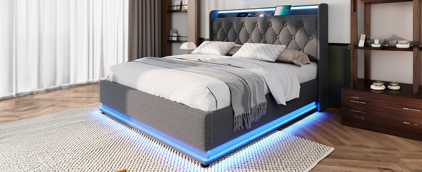 Full size Upholstered bed, 360 surround LED function, Buttons/Apps/Remote Control, hydraulic storage bed with USB Type-C charging, Gray,Linen (Without mattress)