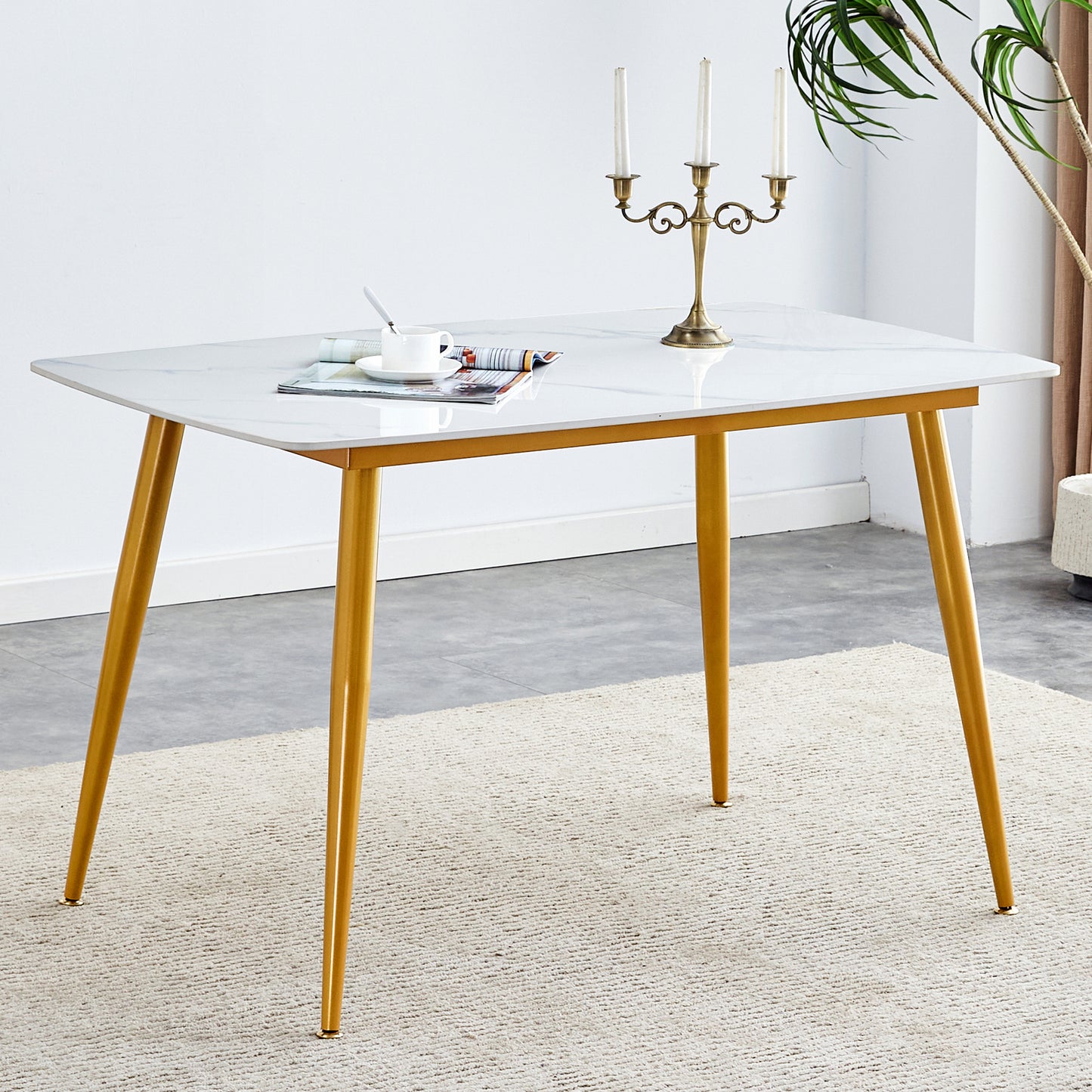 Modern minimalist dining table. White imitation marble patterned stone burning tabletop with golden metal legs. 50 "* 30" * 30 "F-001