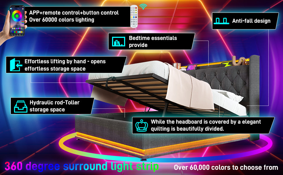 Full size Upholstered bed, 360 surround LED function, Buttons/Apps/Remote Control, hydraulic storage bed with USB Type-C charging, Gray,Linen (Without mattress)