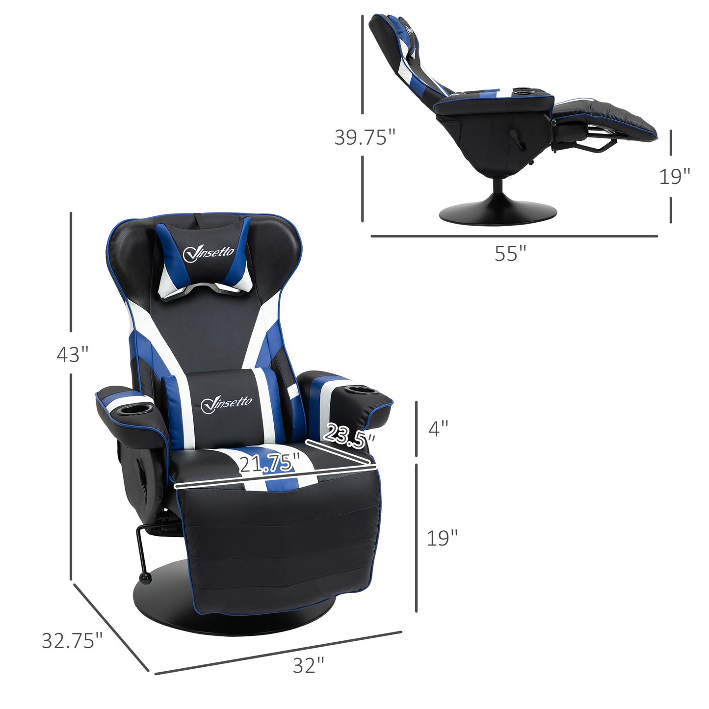 Vinsetto Gaming Chair, Racing Style Computer Recliner with Lumbar Support, Footrest and Cup Holder, Black/White/Blue