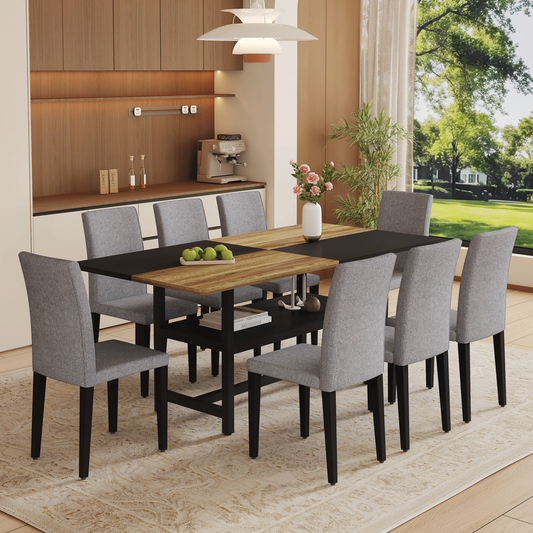 Table and chair set.71*35.4 inch Wooden And Black Spliced Dining Table With Storage Function In The Middle Of The Table Legs.Paired With 8 Light Gray Linen-Cotton Dining Chairs, Simple And Versatile.