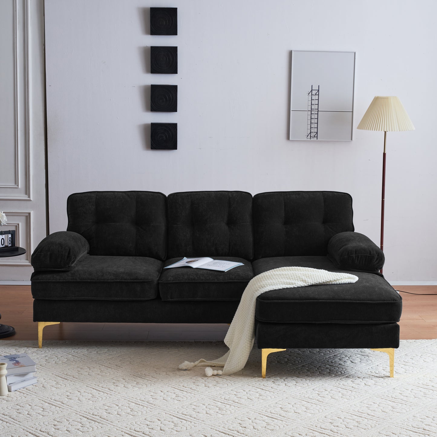 82.6' Modern Sectional Sofas Couches Velvet L-Shaped Couches for Living Room, Bedroom, Black