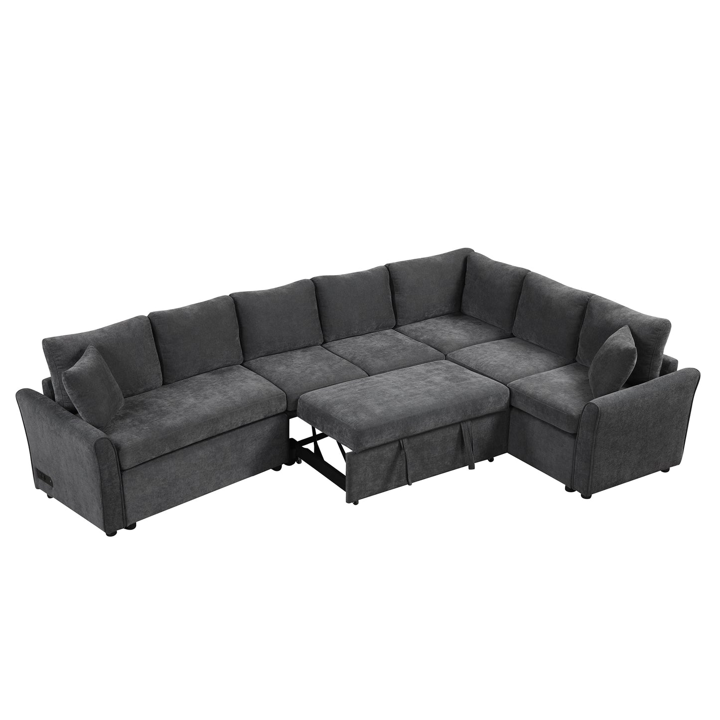 124.8"L-shaped Sofa Convertible Sofa Bed Pull Out Sofa Sleeper with Two Back Pillows, Two USB Ports and Two Power Sockets for Living Room, Gray (Old SKU:SG000890AAE)