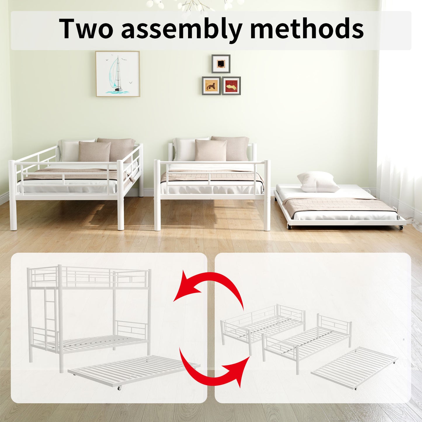 Heavy-duty Sturdy Meta Twin over Twin with Trundle Bunk Bed/l/ Noise Reduced/ Safety Guardrail/No Box Spring Needed,White