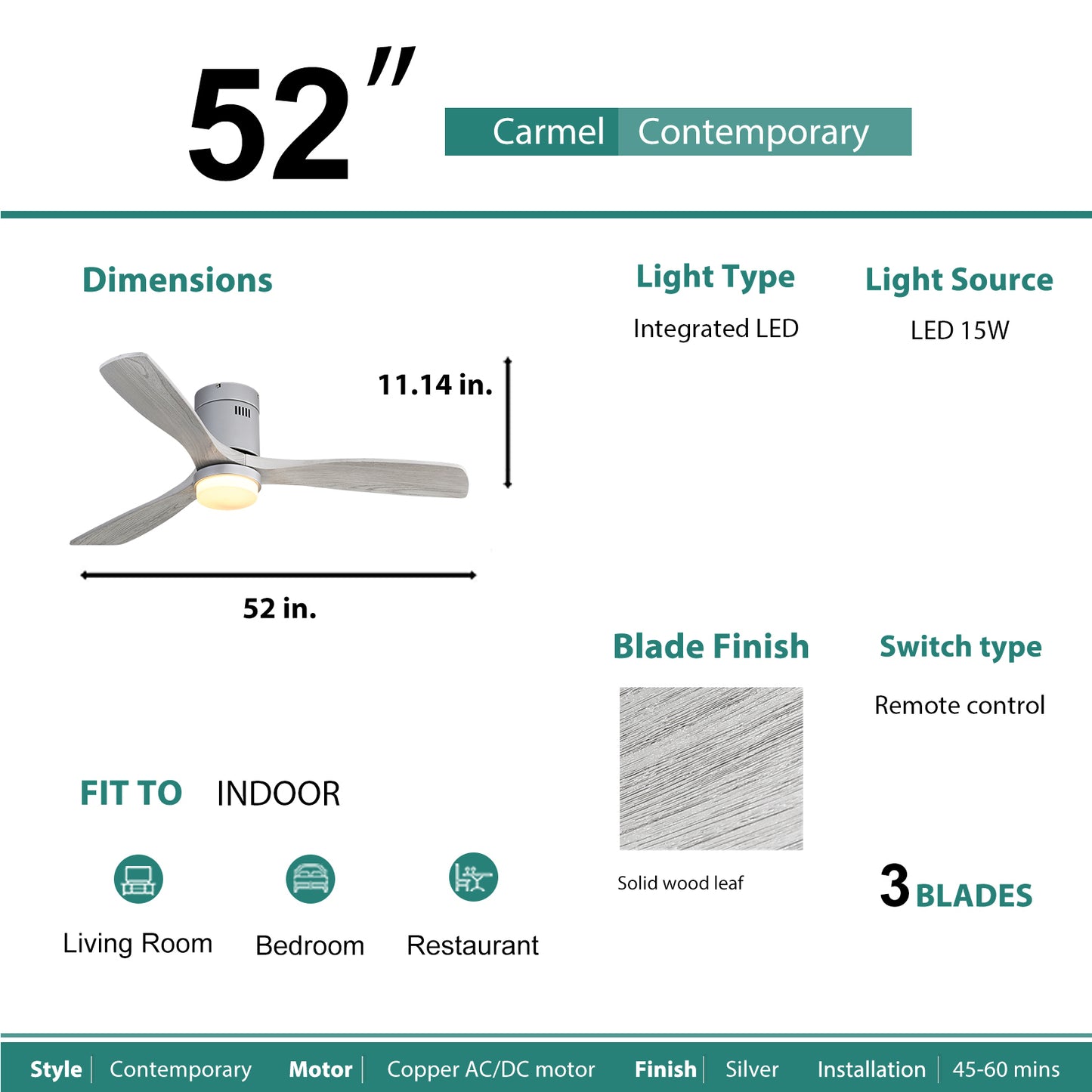 52 Inch Wooden Ceiling Fan With 18W Led Light 3 Solid Wood Blades Remote Control Reversible DC Motor For Home