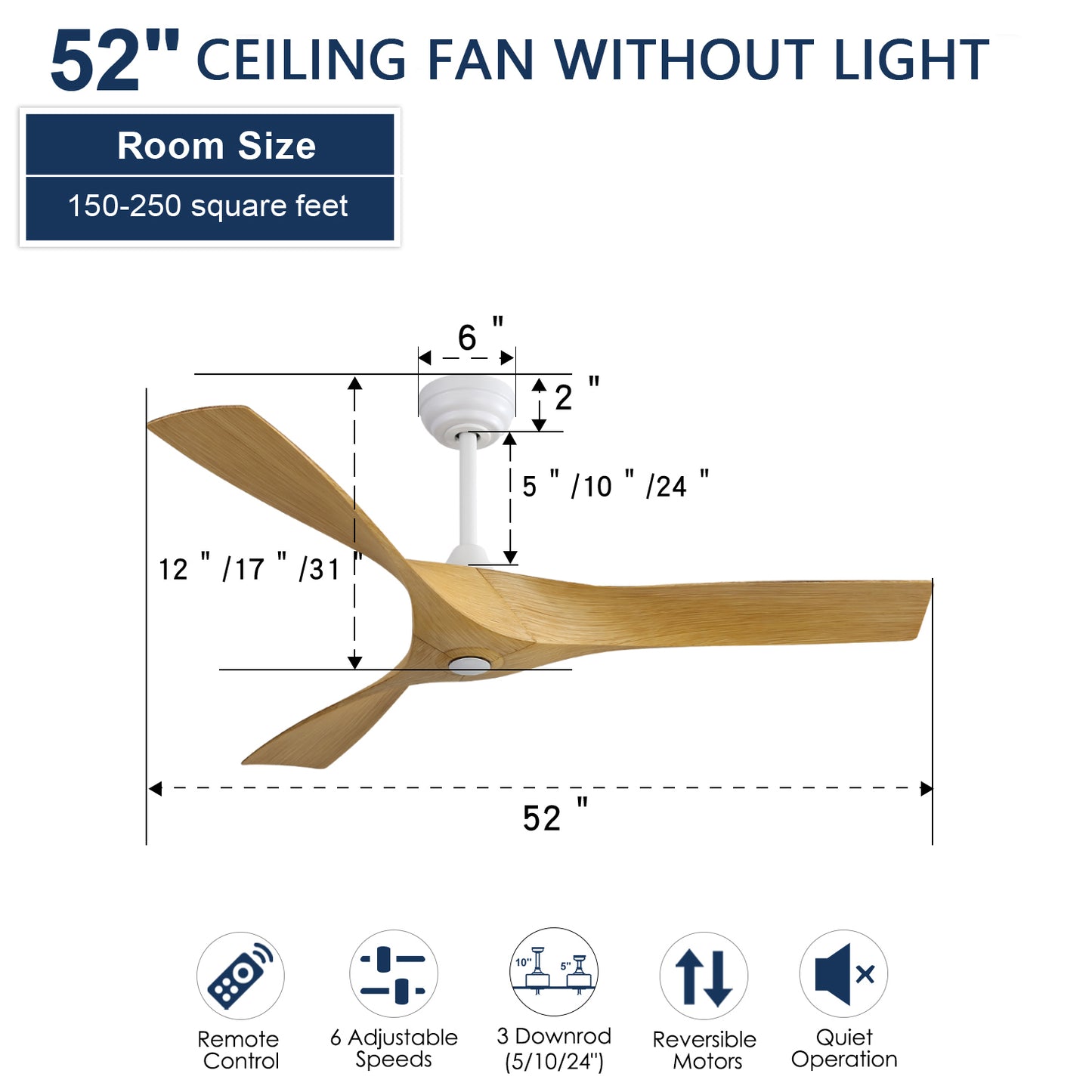 52 Inch Modern Ceiling Fan With 3 ABS Blades Remote Control Reversible DC Motor Without Light For Living Room