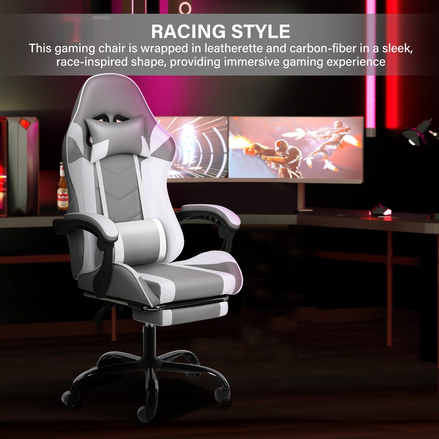 YSSOA Racing Video Backrest and Seat Height Recliner Gaming Office High Back Computer Ergonomic Adjustable Swivel Chair, With footrest, Grey/White