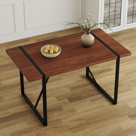 Industrial Rectangular MDF Walnut Color Wood Grain Dining Table for 4-6 people with 1.5 inch thick MDF top and black metal legs for desks, kitchens, patios, dining rooms.