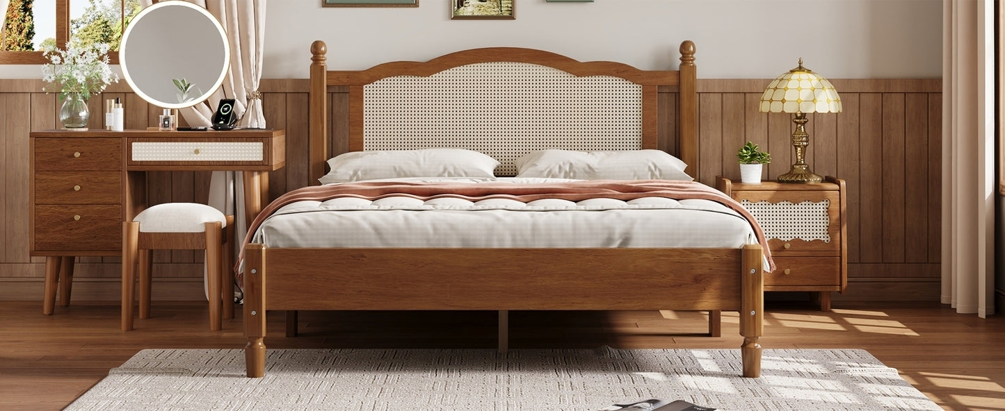 Queen Size Wooden Platform Bed with Natural Rattan Headboard, Vintage Bed Frame with Wooden Slat Support, Walnut