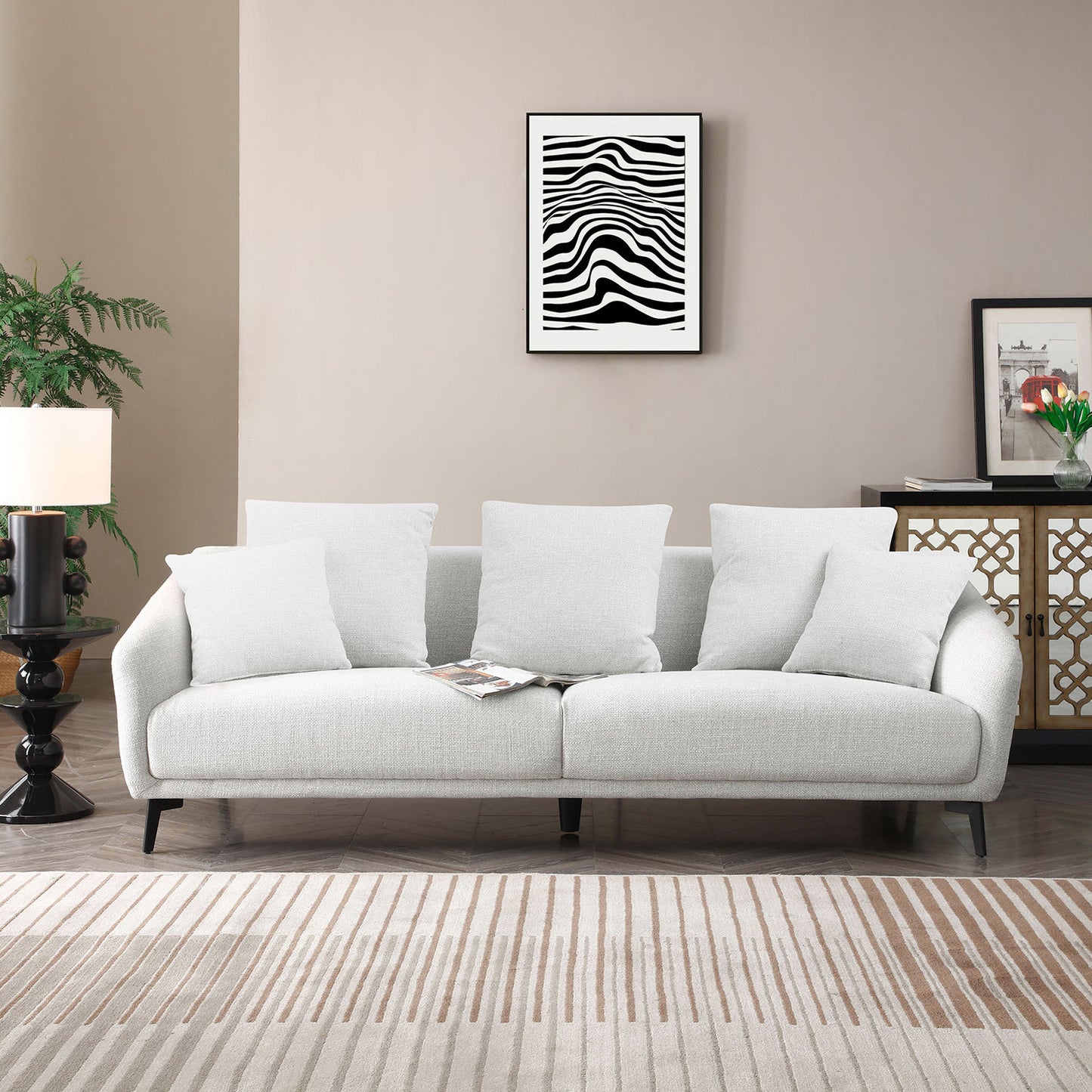 Modern Fabric Upholstered Sofa with Three Cushions, 2 Pillows, Light Grey