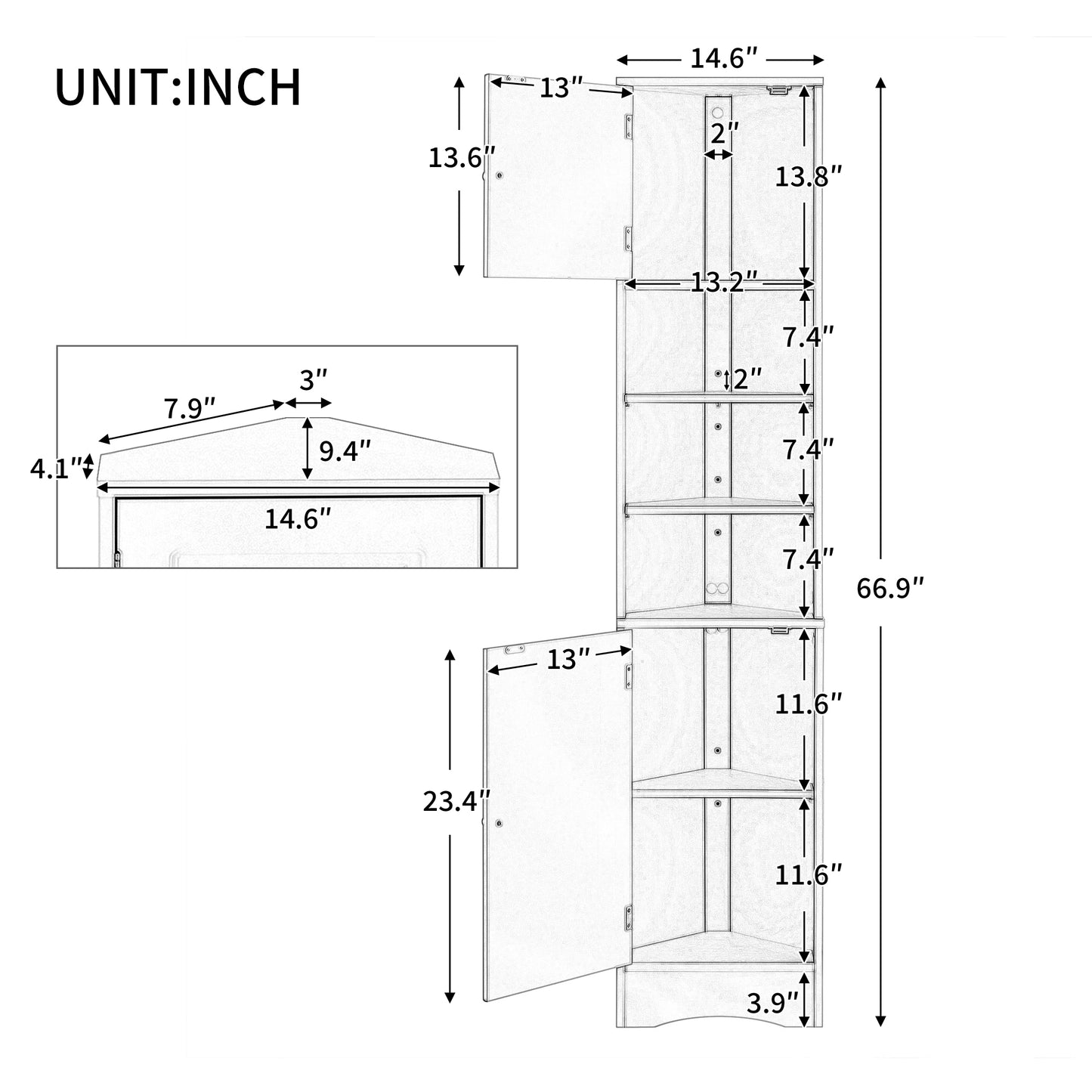 Multi-Functional Corner Cabinet Tall Bathroom Storage Cabinet with Two Doors and Adjustable Shelves, Open Shelf, Grey