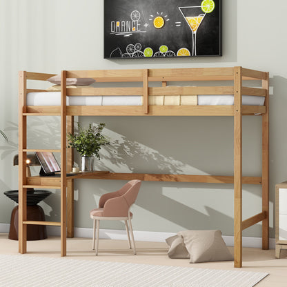 Twin High Loft Bed, Rubber Wood  Loft Bed with Safety Guardrail, built-in desk, ladder,White Oak