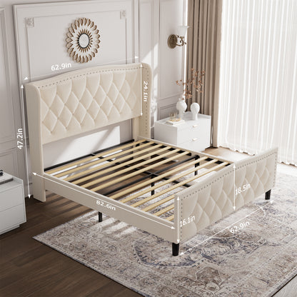 Queen Size Bed Frame, Modern Upholstered Platform Bed with Wingback Headboard, Velvet Bed Frame with Wood Slat Support, Easy Assembly, No Box Spring Needed(White, Queen)